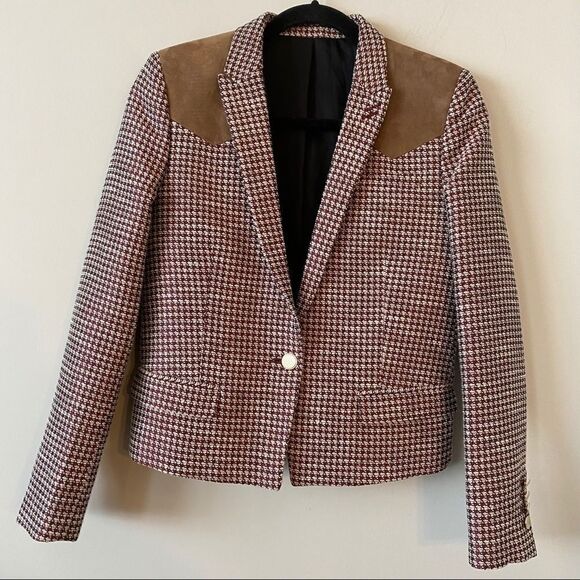 The Kooples Houndstooth Linen Blend Suede Blazer - Picture 2 of 13